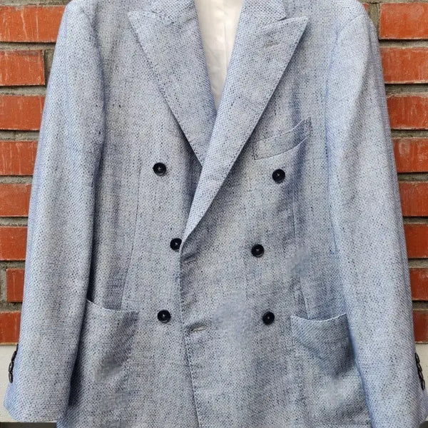 [BUNJANG] Luigi Borrelli Napoli Light Blue Melange Double-Breasted Cotton Linen Blend Jacket IT/52 / 이탈리아 루이지 보렐리(Luigi Borrelli Napoli) 더블 브레스티드 자켓(최소Used A+급 이상)