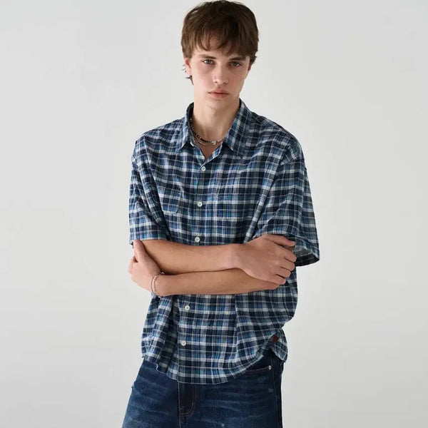 [BUNJANG] Known Crop Check Shirt (Blue) / 노운 크롭 체크 셔츠 (블루)