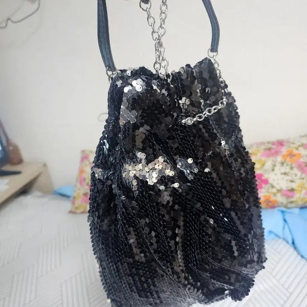 [BUNJANG] Black Sequin Drawstring Bag with Chain Strap / 블랙 스팽글 복조리백 체인 스트랩