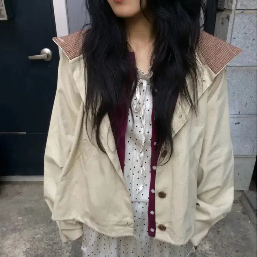 [BUNJANG] High Neck Check Hooded Short Trench Coat Jacket / 하이넥 체크 후드 숏 트렌치 코트 야상 자켓
