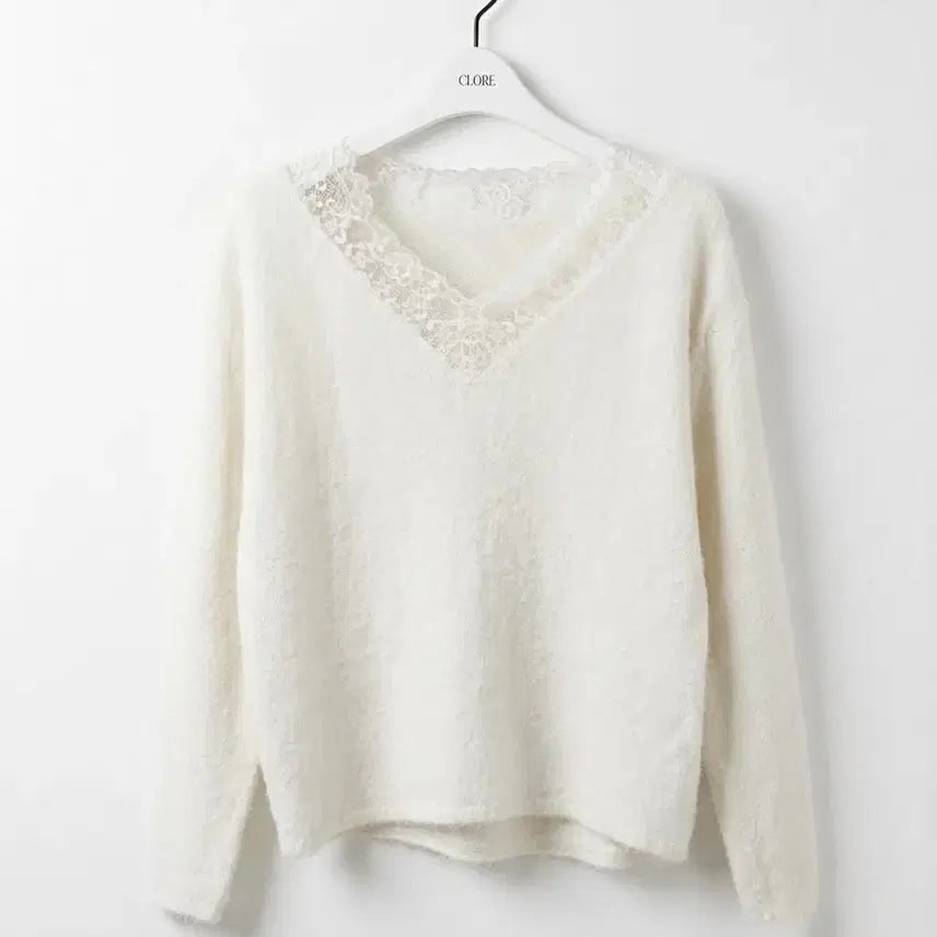 [BUNJANG] Hanamoto Vintage Pure White Lace V-Neck Angora Knit / 하나모토 일본 빈티지 퓨어화이트 레이스 브이넥 앙고라 니트