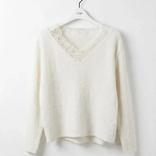 [BUNJANG] Hanamoto Vintage Pure White Lace V-Neck Angora Knit / 하나모토 일본 빈티지 퓨어화이트 레이스 브이넥 앙고라 니트