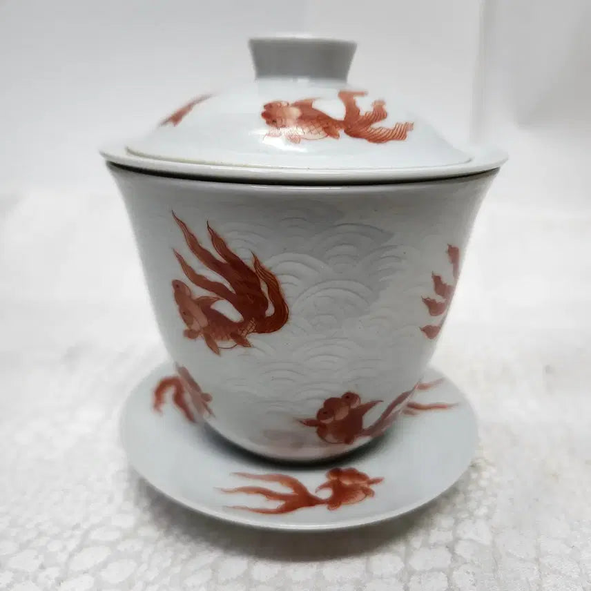 [BUNJANG] Chinese White Porcelain Orange Celadon Teacup with Goldfish Design / 중국도자기 백자 주황색 도자기 보이차 다완 개완