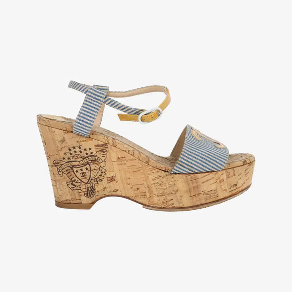 [BUNJANG] Chanel Coco Stripe Cork Wedge Sandals Heels Size 36.5 / 샤넬 코코 스트라이프 코르크 웨지 샌들 힐 36.5 사이즈 D9S658JA