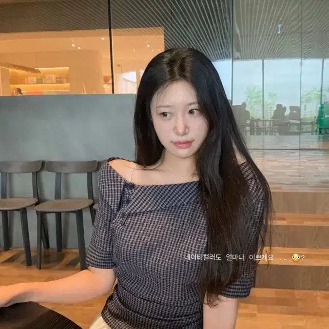 [BUNJANG] Shop Of One Shoulder Blouse Check Off-Shoulder Navy / 샵오브 원 숄더 블라우스 체크 오프숄더 네이비 새상품