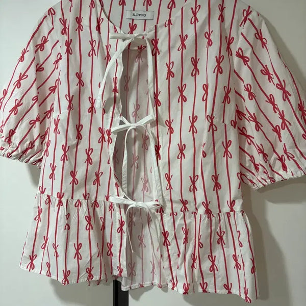 [BUNJANG] Blowing White Ribbon Puff Blouse / BLOWING 화이트 리본 퍼프 셔츠블라우스