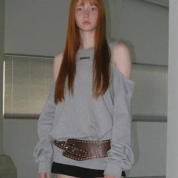 [BUNJANG] Lackcake Open Shoulder Sweatshirt - Gray / 락케이크 Open Shoulder Sweatshirt - Gray