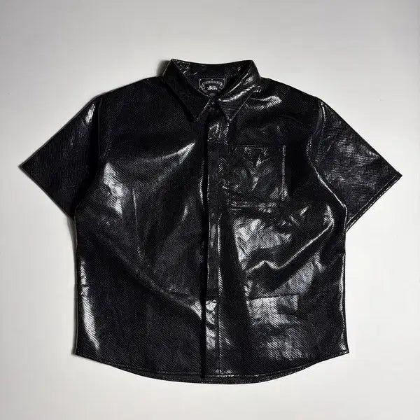 [BUNJANG] BADBLOOD 25FW Black Python Logo Leather Short Sleeve Shirt / 배드블러드 25FW 블랙 파이톤 로고 레더 숏 슬리브 R3140