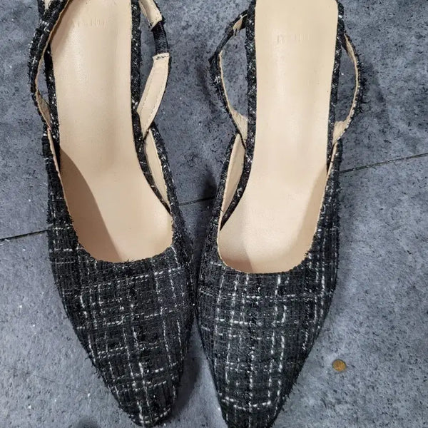 [BUNJANG] Tweed Slingback Pumps - Black / 트위드 슬링백 펌프스 블랙37구두
