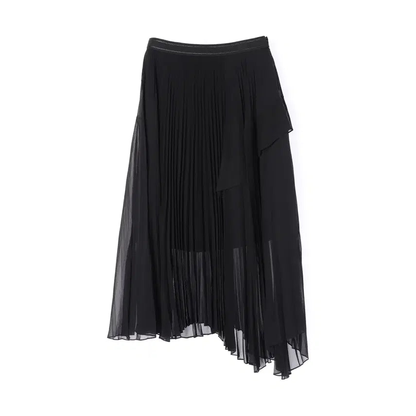 [BUNJANG] OBJE 21SS Unbalance Ruffle Pleats Long Skirt Black / 오브제 21SS 언밸런스 러플 플리츠 롱 스커트 블랙