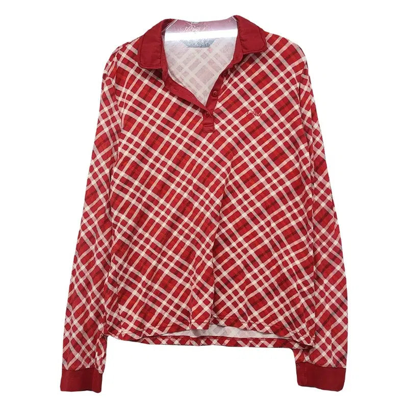 [BUNJANG] Daks Check Red Long Sleeve Polo Shirt 95 / 닥스 체크 레드 긴팔 카라티 95