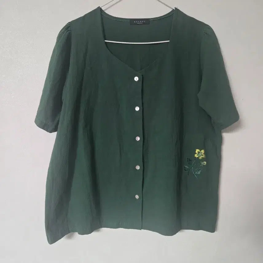 [BUNJANG] Green Embroidered Cotton Blouse 95-100 / 그린 자수 면 블라우스  95~100