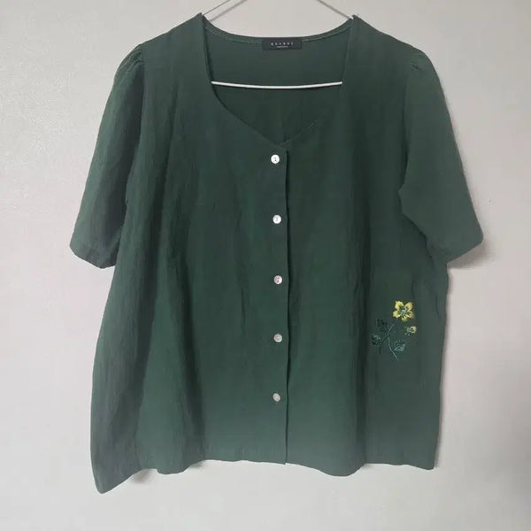 [BUNJANG] Green Embroidered Cotton Blouse 95-100 / 그린 자수 면 블라우스  95~100