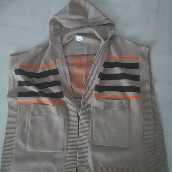 [BUNJANG] Burberry TB Monogram Stripe Hooded Wool Poncho Cape Beige / 버버리 후드 가디건 베이지