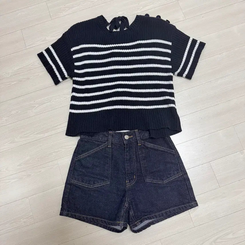 [BUNJANG] CHIXLABEL Stripe Knit Short Sleeve Set / CHIXLABEL 스트라이프 니트 반팔 세트