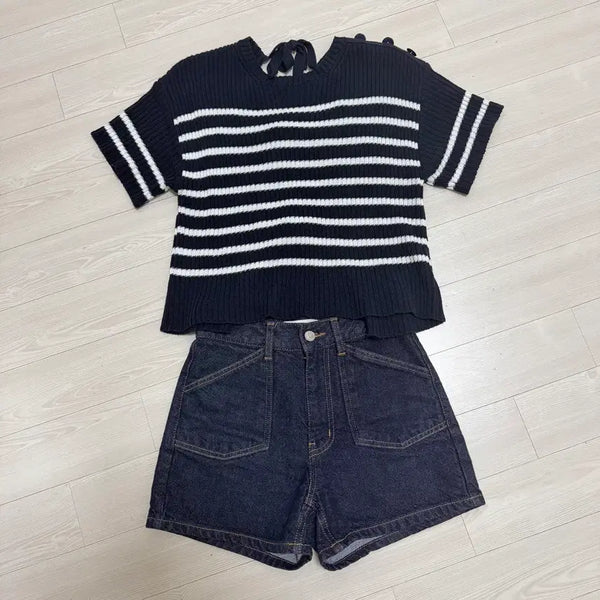 [BUNJANG] CHIXLABEL Stripe Knit Short Sleeve Set / CHIXLABEL 스트라이프 니트 반팔 세트