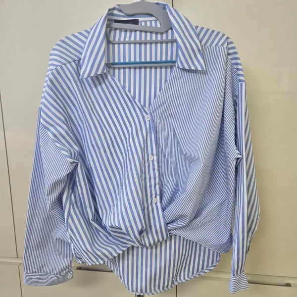 [BUNJANG] Blue Striped Tie-Waist Shirt / 블루 스트라이프 셔츠 묶음