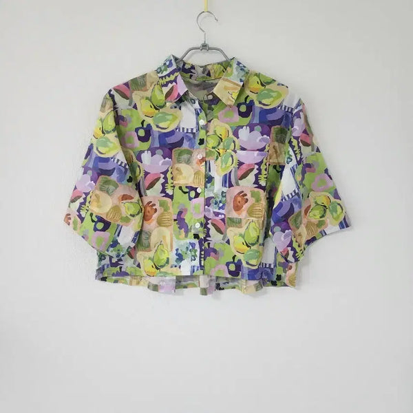 [BUNJANG] Women's Fruit Pattern Shirt Yellow Purple / 여성 셔츠 과일 패턴 옐로우 퍼플