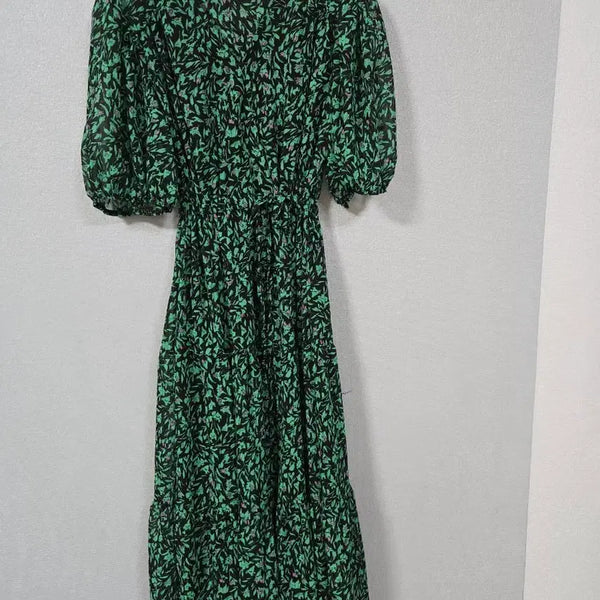 [BUNJANG] Green Wrap-Style Puff Sleeve String Long Dress (Size 66-77) / 그린 랩스탈 퍼프소매 스트링 롱원피스 66~77
