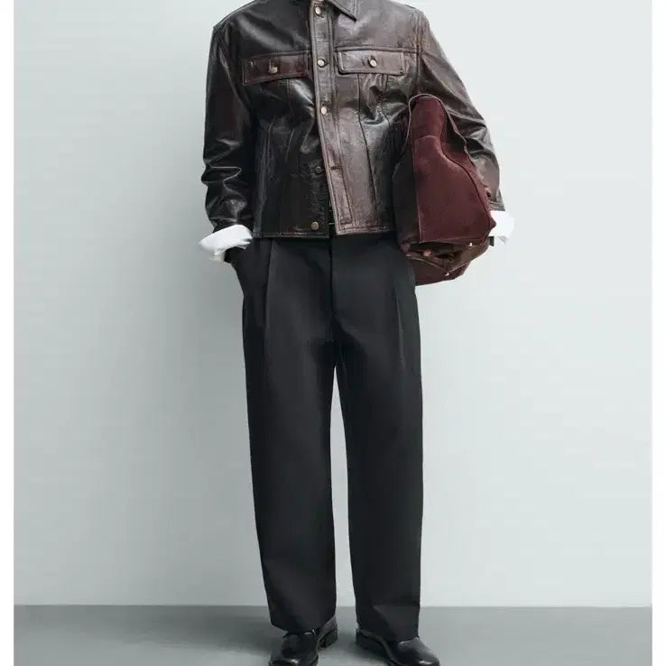 [BUNJANG] Zara Washed Leather Jacket - Dark Pomegranate L / (새상품) 자라 워시드 레더 재킷 - 다크석류 L