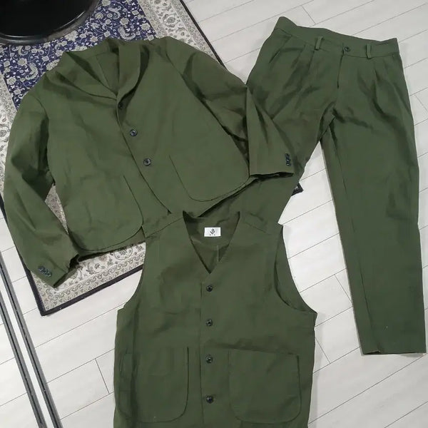 [BUNJANG] Men's Olive Khaki Green Amekaji 3-Piece Blazer Setup Jacket, Vest, and Pants (M / Fits 100-105) / (M / 실측 100~105) 올리브카키그린 아메카지 블레이저 셋업 3피스 자켓 베스트 팬츠