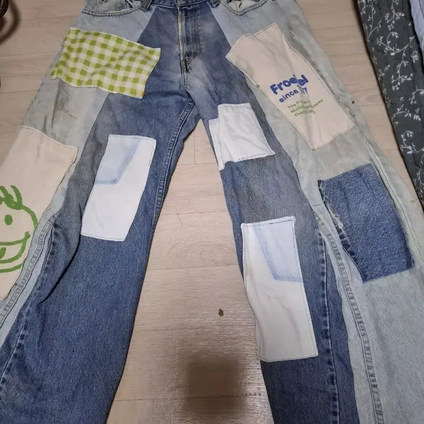 [BUNJANG] Patchwork Wide Straight Fit Denim Pants (Levi's 505) / 패치워크 데님 팬츠 와이드 스트레이트 핏. 87리바이스 505