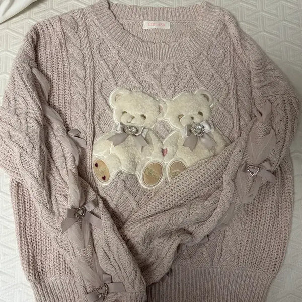 [BUNJANG] Lizlisa Twin Bear Knit Blouse / 리즈리사 트윈베어 니트 양산형 지뢰계 교판 블라우스
