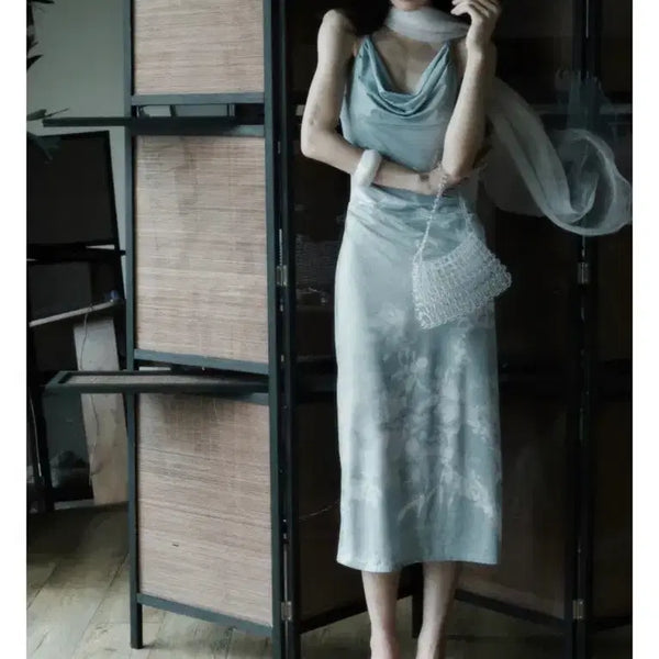 [BUNJANG] Sansuhwa Celadon One-Piece Dress / 바로배송,새상품) 한땀한땀 산수화 카울 원피스 근옥색 S
