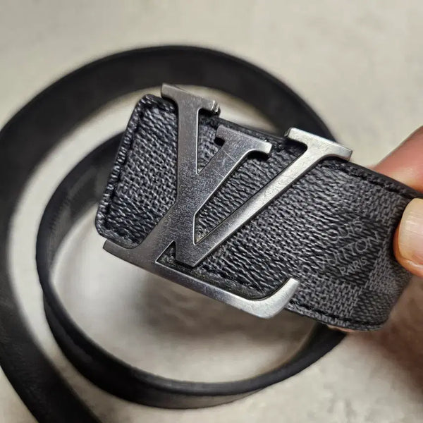 [BUNJANG] Louis Vuitton Silver Buckle Black Leather Check Pattern Belt / 루이비통 벨트 실버 버클