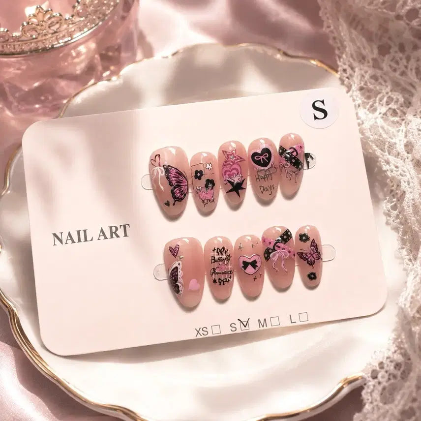 [BUNJANG] Pink Butterfly, Heart & Star Design Nail Art Tips - Size S / 네일아트 핑크 나비 하트 별 디자인 S 사이즈