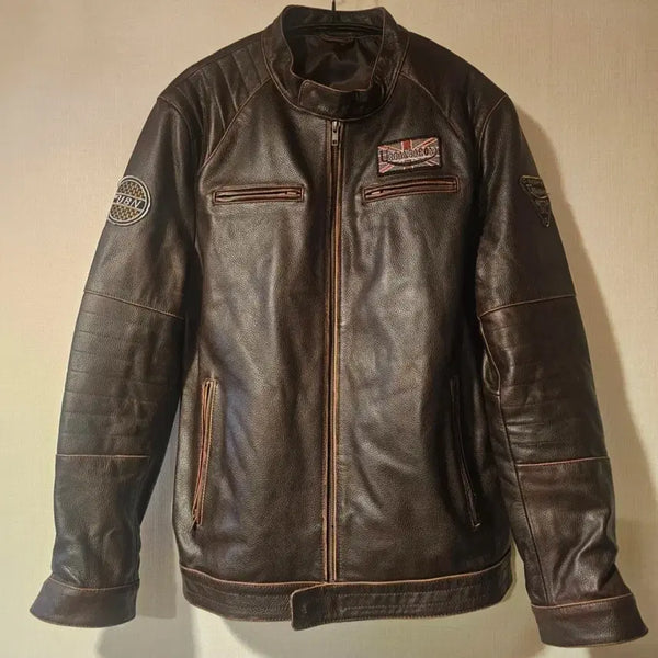 [BUNJANG] Premium Brown Cowhide Leather Biker Jacket Men's Size 110 / 최고급소가죽브라운 바이커 남성자켓 110 할리ST