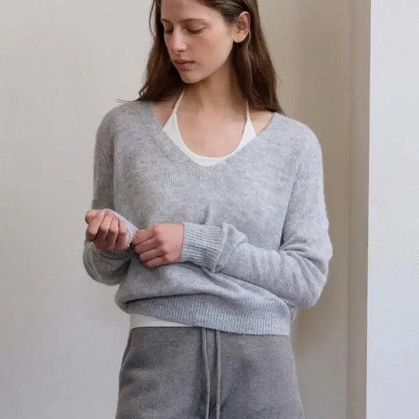[BUNJANG] Douce V Neck Knit (Melange White) / 폴뉴아 더블 브이넥니트 멜란지그레이