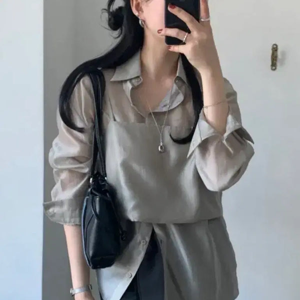 [BUNJANG] Tencel See-through Silky Loose Fit Blouse / 텐셀 시스루 실키 루즈핏 블라우스 셔츠