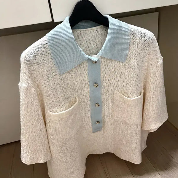 [BUNJANG] SJSJ Colorblock Collar Crochet Knit Top / 23년 한섬 SJSJ 배색 카라 크로셰 니트 탑 반팔 티셔츠 크로쉐 크림 아이보리