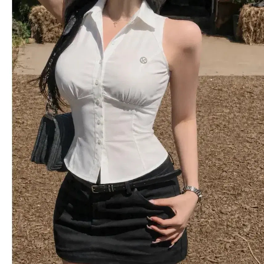 [BUNJANG] High Classic White Shirring Slim Fit Sleeveless Blouse / 하이클래식 화이트 셔링 슬림핏 민소매 블라우스