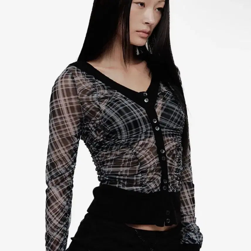 [BUNJANG] 2000 Archives VIKA Plaid Mesh Cardigan (Black) / 2000아카이브스 VIKA PLAID MESH CARDIGAN (BLACK) 가디건