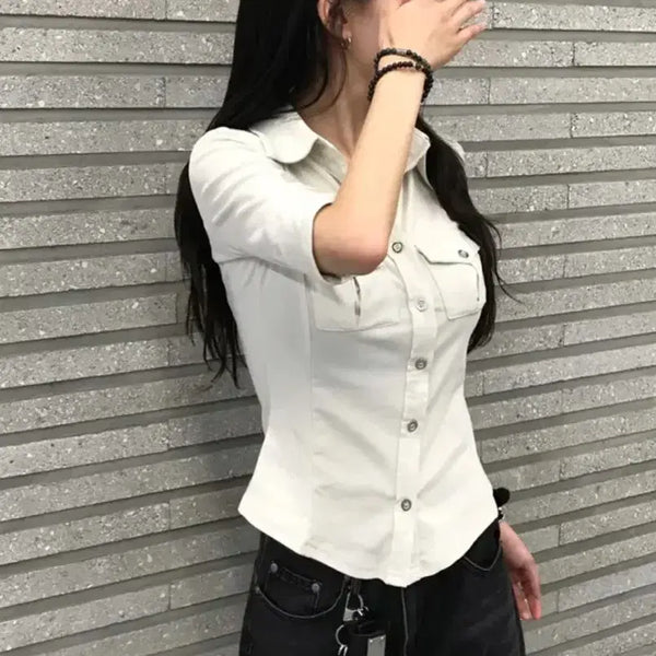 [BUNJANG] Pocket Slim 7-Sleeve Shirt / 포켓 슬림 7부 셔츠 슬림핏 밑단굴림 셔츠티