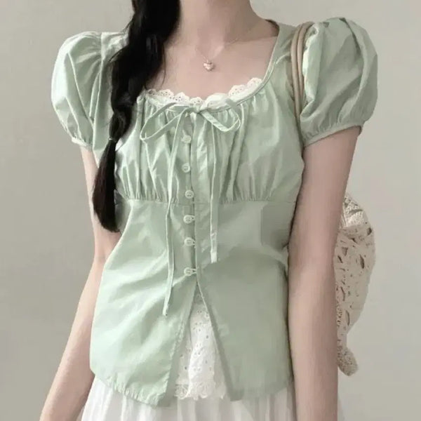 [BUNJANG] ALLO Shirring Deep Round Puff Short Sleeve Blouse / 알로 셔링 딥라운드 퍼프 반팔 블라우스