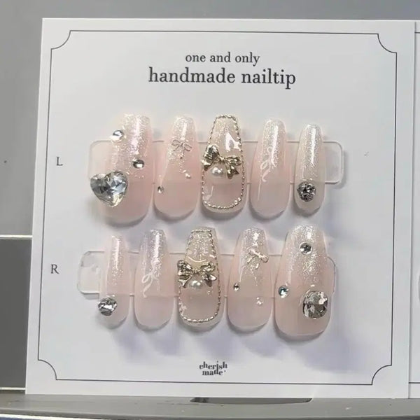 [BUNJANG] Handmade Nail Tips with Heart Jewel and Ribbon / 수제 네일팁 하트 보석 리본