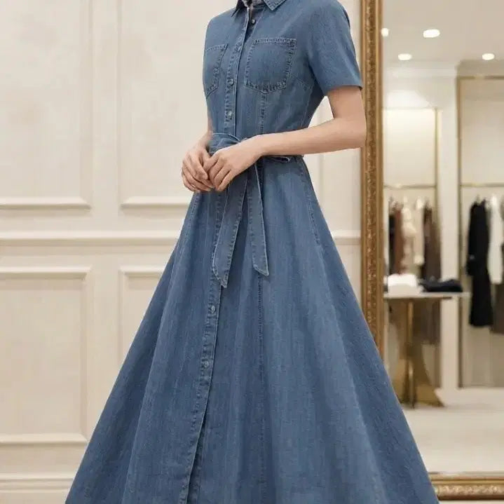 [BUNJANG] Tommy Hilfiger Denim Flare Belted Long Dress / (44~정55)타미힐피거 데님 플레어 벨티드 롱원피스