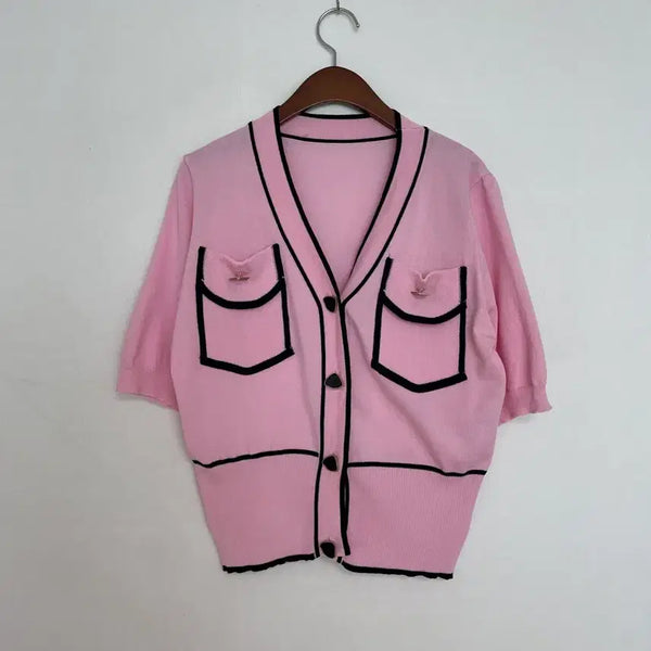 [BUNJANG] Pink & Black Striped Short Sleeve Knit Top / 여름반팔 니트