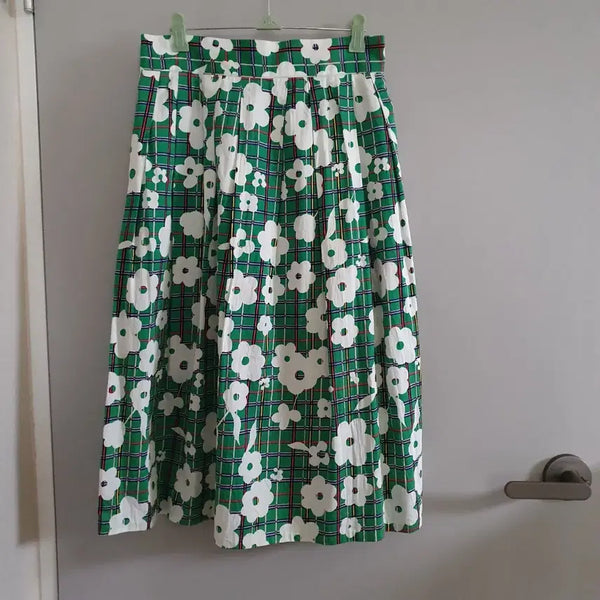 [BUNJANG] VAN AKE Plaid Flower Long Skirt Green / VAN AKE 체크 플라워 롱 스커트 그린