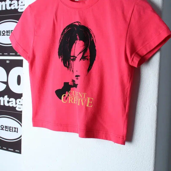 [BUNJANG] W(F) Current Short Sleeve T-Shirt Vintage Printing Crop Pink Celebrity / W(F) 커렌트 반팔 티셔츠 빈티지프린팅 크롭 핑크 연예인-H37105