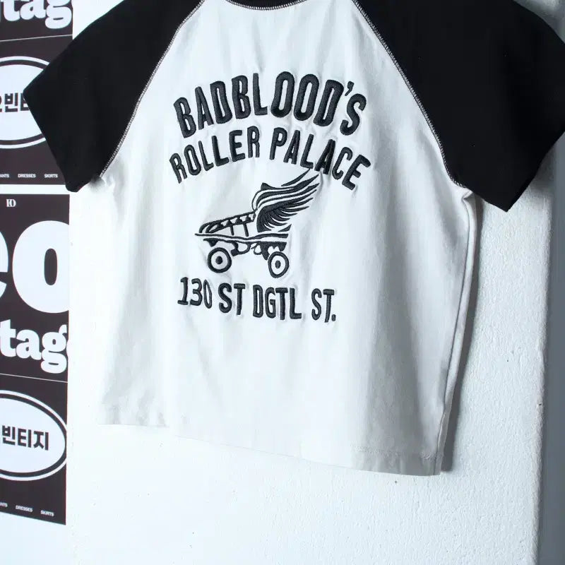 [BUNJANG] Badblood Raglan Crop T-Shirt Black / W(S-M) 배드블러드 반팔 티셔츠 나그랑 크롭 블랙 스트릿-H37116