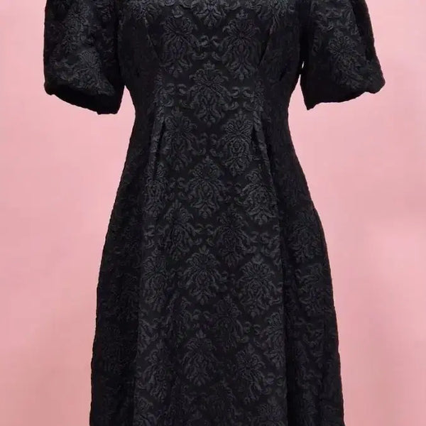 [BUNJANG] Black Jacquard Puff Sleeve Long Dress (Size 55-66) / 검정색 자가드 패턴 퍼프소매 원피스 55-66