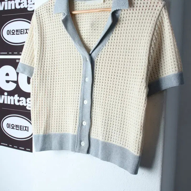 [BUNJANG] W(F) Grove Half-Sleeve Collar T-shirt Knit Cardigan See-Through Kitsch / W(F) 그로브 반팔 카라 티셔츠 니트가디건 시스루 키치-H37136