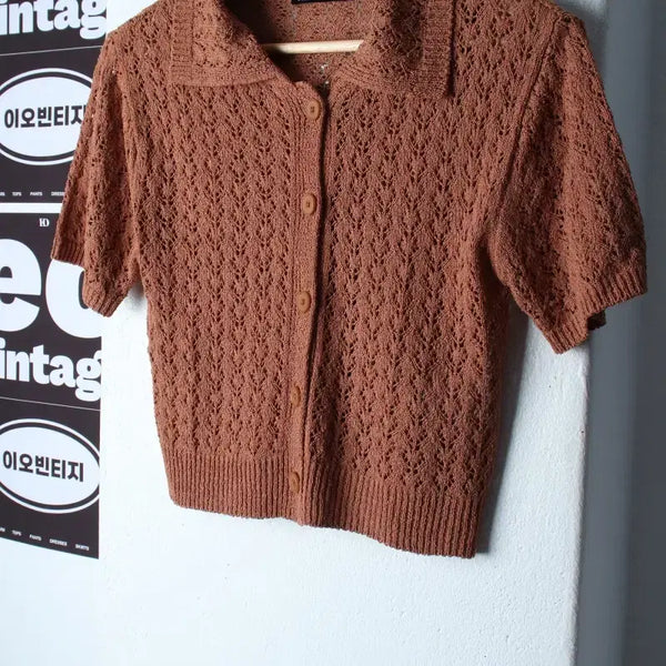 [BUNJANG] S-M Misso Short Sleeve Collar T-shirt Knit Cardigan Cropped Sheer / W(S-M) 미쏘 반팔 카라 티셔츠 니트가디건 크롭 시스루-H37139