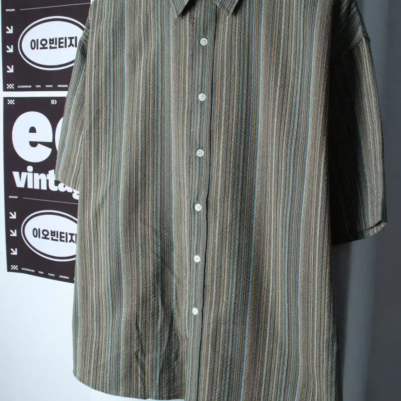 [BUNJANG] F (Brand) Striped Ethnic Collar T-Shirt / (F) 아케시 반팔 카라 티셔츠 셔츠 남방 스트라이프 에스닉-H37143