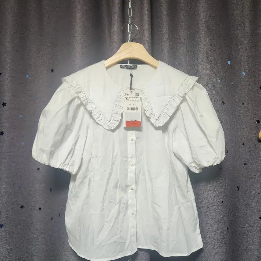 [BUNJANG] Zara Puff Sleeve Ruffle Collar Blouse White - M / 새상품 //자라 퍼프소매 프릴 칼라 블라우스 화이트-M