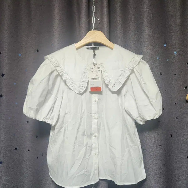 [BUNJANG] Zara Puff Sleeve Ruffle Collar Blouse White - M / 새상품 //자라 퍼프소매 프릴 칼라 블라우스 화이트-M